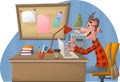 Cartoon man working with computer. Office workspace with desks.