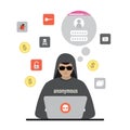 Cartoon man at workplace and use laptop. Hacker at work, anonymous attacking computer network. Data protection concept Royalty Free Stock Photo