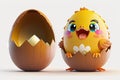 Happy smiling Cute little chicken coming out o f the Easter egg isolated on white background cartoon manga style illustration