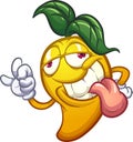 Cartoon mango character with sleepy eyes making the okay hand sign