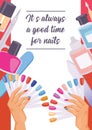 Cartoon manicure print poster. illustration of accessories for nails cuticle pusher, cuticle trimmer, nail file and