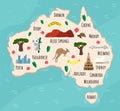 Cartoon map of Australia. Travel illustration with australian landmarks, buildings, food and plants. Funny tourist infographics.