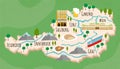 Cartoon map of Austria. Travel illustration with austrian landmarks, buildings, food and plants. Funny tourist