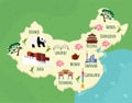 Cartoon map of China. Travel illustration with chineese landmarks, buildings, food and plants. Funny tourist Royalty Free Stock Photo