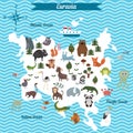 Cartoon map of Eurasia continent with different animals. Royalty Free Stock Photo