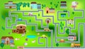 Cartoon map with farm, roads, cars and houses. City map for children with maze. Play mat