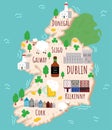 Cartoon map of Ireland. Travel illustration with irish landmarks, buildings, food and plants. Funny tourist infographics