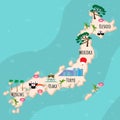 Cartoon map of Japan. Travel illustration with landmarks, buildings, food and plants. Funny tourist infographics. National