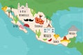 Cartoon map of Mexico. Travel illustration with maracas, sombrero, pyramid landmarks, buildings, food and plants. Funny tourist Royalty Free Stock Photo