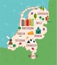 Cartoon map of Netherlands. Travel illustration with holland landmarks, buildings, food and plants. Funny tourist Royalty Free Stock Photo