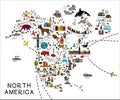 Cartoon map of North America. North America travel guide.