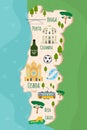 Cartoon map of Portugal. Travel illustration with landmarks, buildings, food and plants. Funny tourist infographics