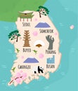 Cartoon map of Republic of Korea. Travel illustration with landmarks, buildings, food and plants. Funny tourist infographics.