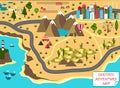 Cartoon map with sea, mountains, desert, and city