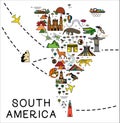 Cartoon map of South America. South America travel guide. Travel Poster with animals and sightseeing attractions.