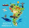 Animal Cartoon map of South America for Children and Kids. Vector Illustration. Royalty Free Stock Photo