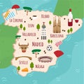 Cartoon map of Spain. Travel illustration with spanish landmarks, buildings, food and plants. Funny tourist infographics. National Royalty Free Stock Photo