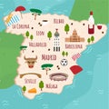 Cartoon map of Spain. Travel illustration with spanish landmarks, buildings, food and plants. Funny tourist infographics