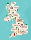 Cartoon map of United Kingdom. Travel illustration with british landmarks, buildings, food and plants. Funny tourist infographics Royalty Free Stock Photo