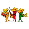 Cartoon hot Mexican mariachi peppers, playing music. Vector illustration