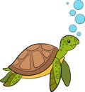 Cartoon marine animals. Cute smiling sea turtle swims underwater with bubbles Royalty Free Stock Photo