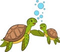 Cartoon marine animals. Mother sea turtle swims with her little cute baby turtle and smile Royalty Free Stock Photo