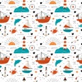 Cartoon marine elements seamless pattern. Nautical objects. Kids wrapping paper. Water animals. Fishing ship. Sail boat Royalty Free Stock Photo