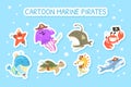 Cartoon Marine Pirate Stickers, Funny Marine Creature Characters Colorful Patches Vector Illustration