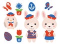 Cartoon maritime Easter graphic vector collection with male and female bunny and chic in nautical red and blue clothes