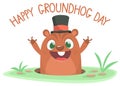 Cartoon marmot groundhog in major hat. Vector illustration. Groundhog day