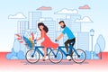 Cartoon Married Couple Cycling through City Street