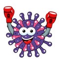 Cartoon mascot character virus or bacterium boxer boxing gloves exulting isolated vector illustration