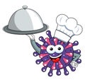 Cartoon mascot character virus or bacterium cook or chef tray meal isolated vector illustration