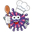 Cartoon mascot character virus or bacterium cook or chef wooden spoon meal isolated vector illustration
