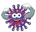 Cartoon mascot character virus or bacterium showing muscles biceps strenght solated vector illustration