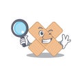 Cartoon mascot design of cross bandage super Detective breaking the case using tools