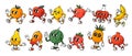Cartoon mascot fruit. Retro fruits character with legs and hands, cute face expression. Walking orange, running apple