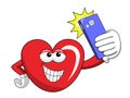 Cartoon mascot heart taking selfie smartphone isolated