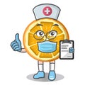 Cartoon mascot of slice orange fruit doctor , character design