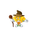 Cartoon mascot style of gold chinese folding fan dressed as a witch