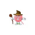 Cartoon mascot style of pink round lollipop dressed as a witch