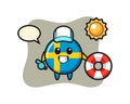 Cartoon mascot of sweden flag badge as a beach guard