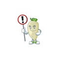 Cartoon mascot of white radish bring sign in his hand