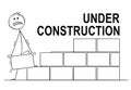 Cartoon of Mason or Bricklayer Building a Wall from Bricks or Blocks. Under Construction Text Above. Royalty Free Stock Photo