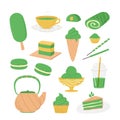 Cartoon Matcha Green Tea Dessert Icons Set. Vector Royalty Free Stock Photo