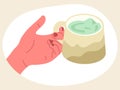 Cartoon matcha green tea mug. Hand holding hot green tea cup, matcha hot beverage isolated flat cartoon vector illustration on