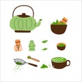Cartoon matcha tea set of matcha powder and teapot