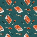 Cartoon matchsticks seamless pattern. Open matchboxes with labels. Burning and charred sticks. Repeated print. Fading