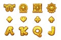 Cartoon MAYA Slots golden icons. Ancient Mexican mythology Vector symbols. Game casino, slot, UI.