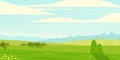 Cartoon meadow landscape. Rural scene with grass trees grass and flowers, country field with bush. Vector countryside Royalty Free Stock Photo